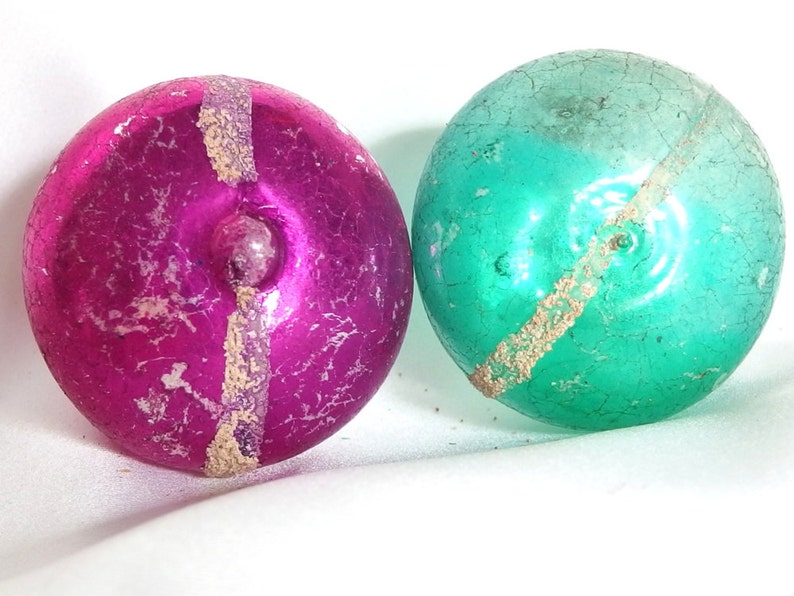 Green and Magenta Holiday Disc Ornaments from West Germany 2 Vintage UFO Christmas Ornaments