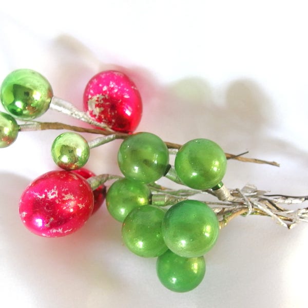 3 Glass Ball Christmas Picks, Vintage Wired Ornament Sprays - Red and Green