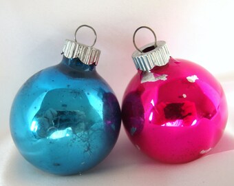 Small Vintage Shiny Brite Christmas Ornaments - Plain Blue and Hot Pink