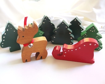 Vintage Wood Block Sleigh, Reindeer and 6 Trees, Handmade Decoration