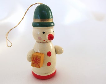 Wooden Snowmen Ornament, Hand Painted Wood People with Present Christmas Ornament