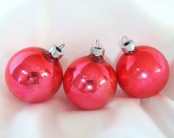 3 Vintage Faded Red Glass Christmas Ornaments, USA Baubles