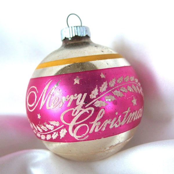 Vintage Shiny Brite, Stenciled Hot Pink Merry Christmas Ornament