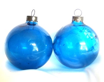 2 Vintage Christmas Ornaments, Shabby Cottage Chic Unsilvered Blue USA Holiday Ornaments