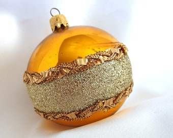 Vintage Christmas Ornament, Large Dark Gold with Gold Glitter and Braided Trim Applique Ornament