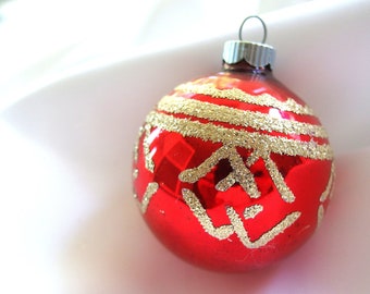 Vintage Shiny Brite Christmas Ornament - Red with Geometric Gold Glitter Diamonds Ornament