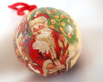 Vintage Christmas Ornament, Decoupaged Santa with Christmas Tree, Train Holiday Ornament - Shatterproof