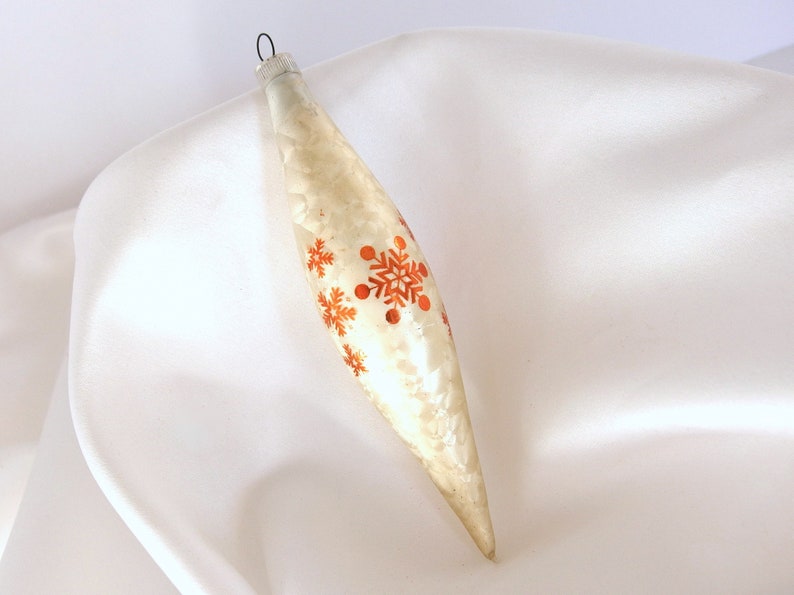 Vintage White Frosted Torpedo Icicle Ornament with Gold Snowflakes Austria Christmas Ornament 1 image 3