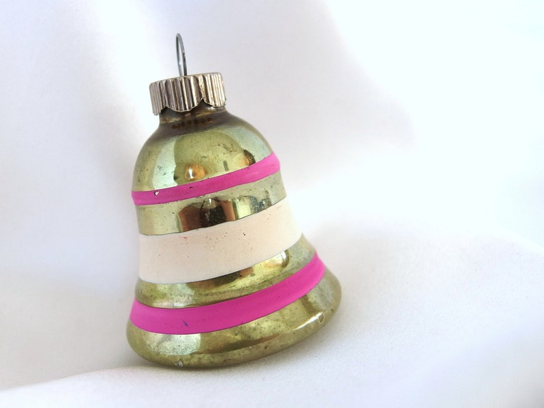 Vintage Shiny Brite Christmas Ornament Small Faded Green Striped Bell Ornament image 4