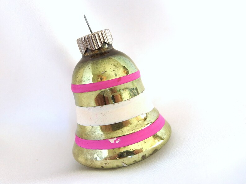 Vintage Shiny Brite Christmas Ornament Small Faded Green Striped Bell Ornament image 2