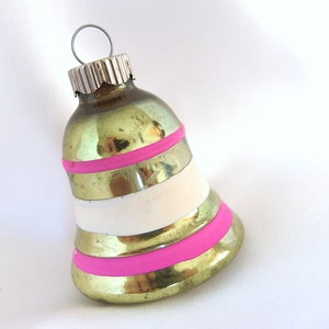 Vintage Shiny Brite Christmas Ornament Small Faded Green Striped Bell Ornament image 3