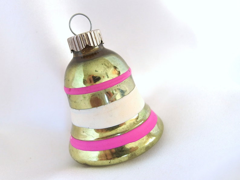 Vintage Shiny Brite Christmas Ornament Small Faded Green Striped Bell Ornament image 3