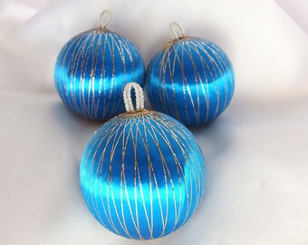 3 Vintage Blue Satin Christmas Ornaments Wound with Gold Metallic Thread