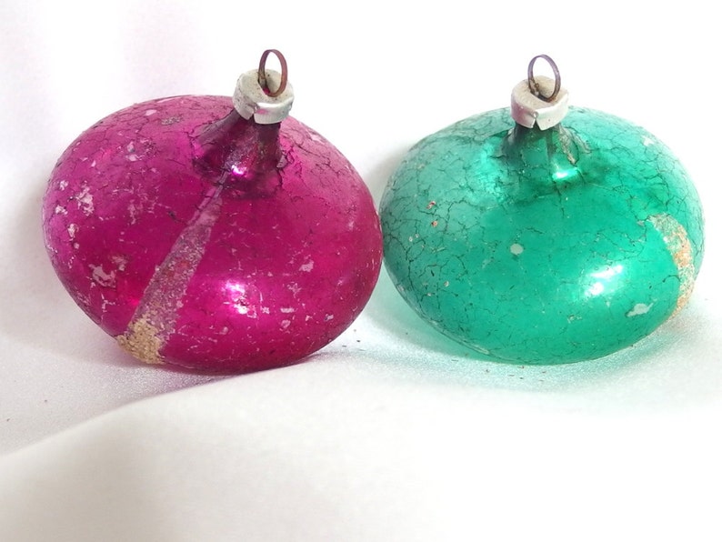 Green and Magenta Holiday Disc Ornaments from West Germany 2 Vintage UFO Christmas Ornaments