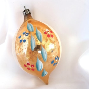 Large 4.5&quot; Gold and White Mica Teardrop Christmas Ornament with Floral Cascade, Vintage Christmas Bauble