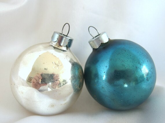 2 Vintage Shiny Brite Christmas Ornaments Plain Silver and Blue