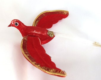 Vintage Christmas Ornament, Small Red with Gold Glitter Clip On Flying Bird Ornament from Taiwan