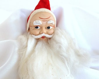 Vintage Santa Head, Christmas Ornament with Real Cotton Beard