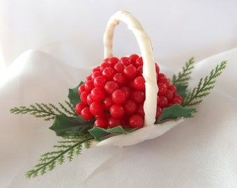 Vintage Plastic Christmas Holiday Basket Ornament with Red Holly Berries