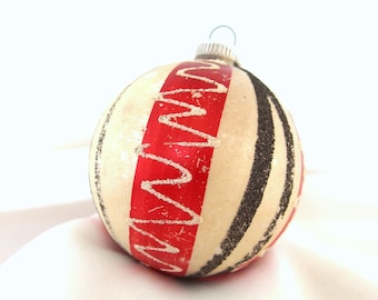 Large Red  and White Germany Christmas Ornament with Black and White Mica Scribbles, Glass Bauble