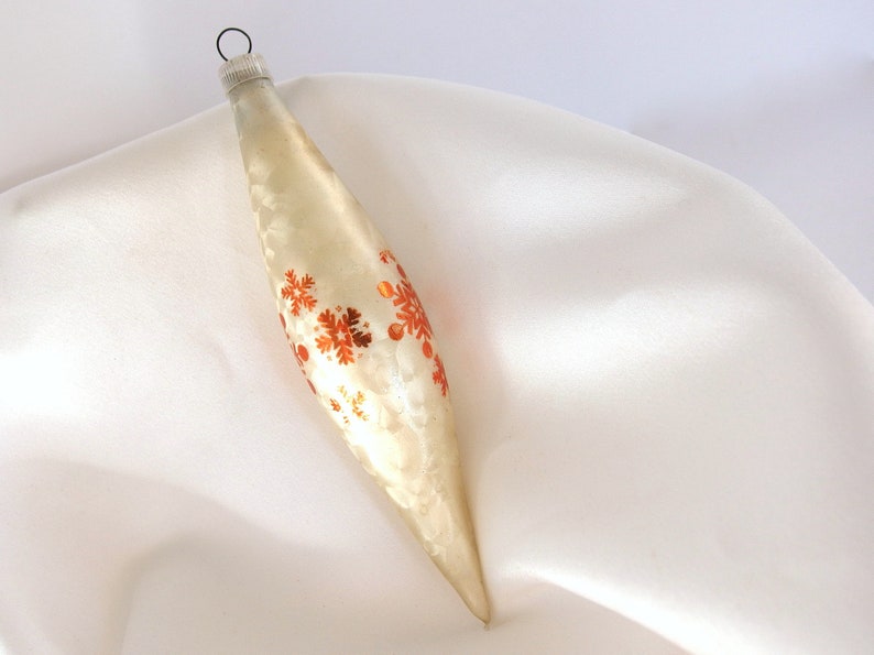 Vintage White Frosted Torpedo Icicle Ornament with Gold Snowflakes Austria Christmas Ornament 1 image 4