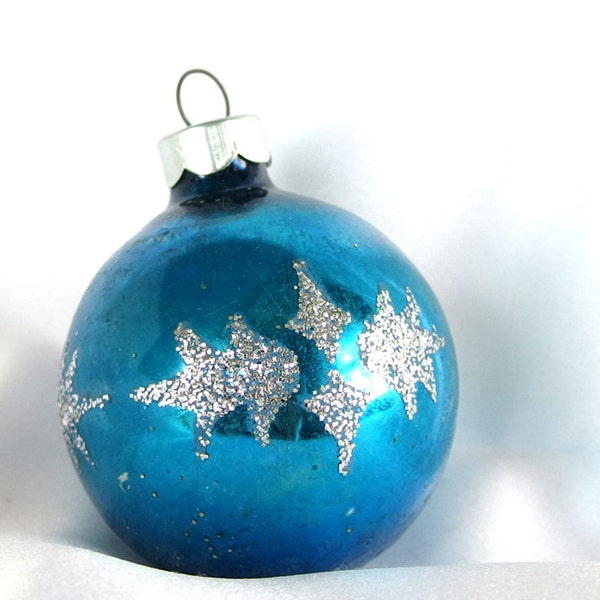 Vintage Blue Christmas Ornament,  Silver Glittered Holly Christmas Ornament