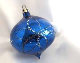 Vintage Christmas Ornaments, Dark Blue Top with Flowers / Bows and Ribbons Poland Ornament