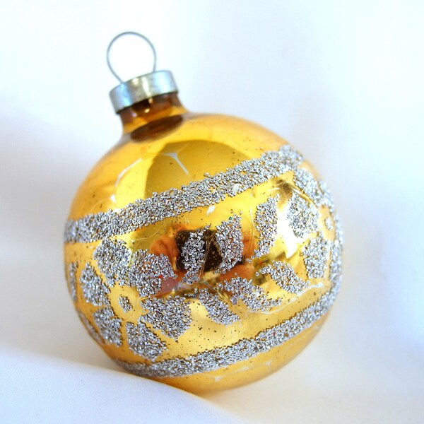 Vintage Gold Christmas Ornament, Stencil with Silver Glitter Flower Ornament