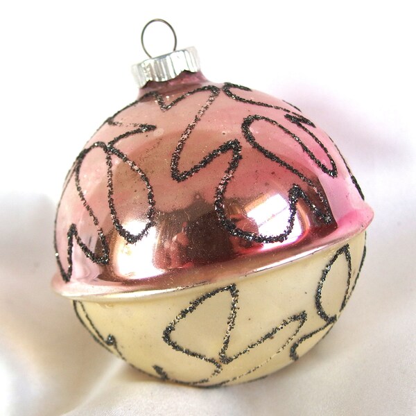 Large Pink Shiny Brite Germany Christmas Ornament with Black Mica Scribbles, Extra Large Ridged Glass Bauble, 3.25"