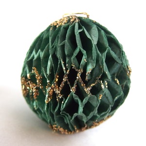 Green Honeycomb Ornament, Vintage Honeycomb Ball with Gold Glitter