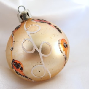 Vintage Christmas Ornament, Hand Painted Frosty Gold with Dark Gold Circles, White Loops Poland Glass Bauble