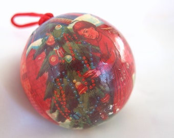 Vintage Christmas Ornament, Decoupaged Girl Trimming Tree with Angel - Shatterproof