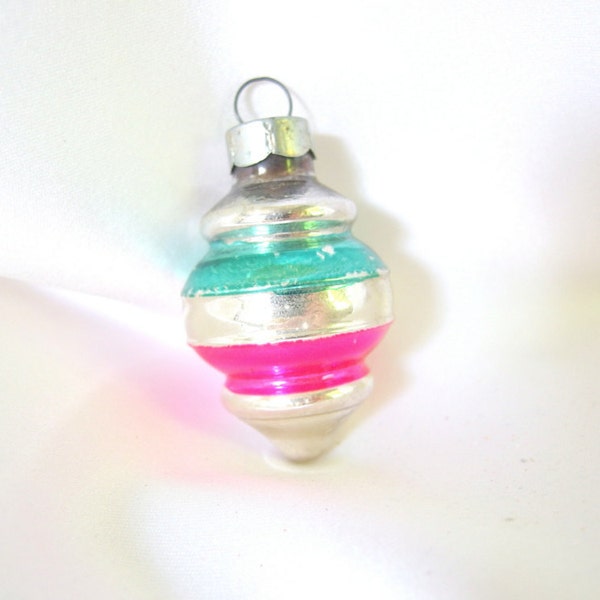 Vintage Christmas Ornament, Small Silver Top with Aqua and Hot Pink Stripes Holiday Ornament