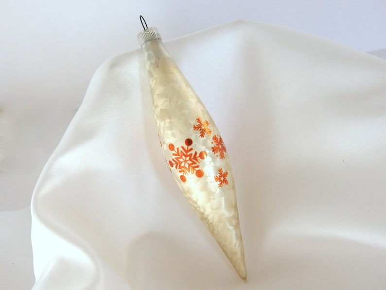 Vintage White Frosted Torpedo Icicle Ornament with Gold Snowflakes Austria Christmas Ornament 1 image 2