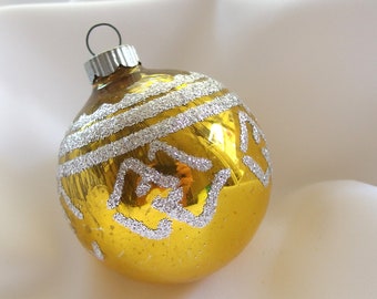 Vintage Shiny Brite Christmas Ornament - Gold with Geometric Silver Glitter Diamonds Ornament