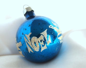 Vintage Blue Noel and Santa Christmas Ornament, Stencil and White Mica Glass Bauble