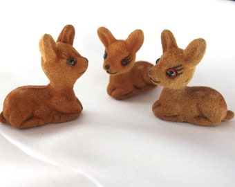 3 Vintage Flocked Mini Deer, Trio Fawns