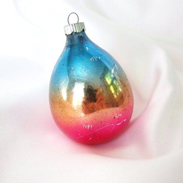 Vintage Shiny Brite Christmas Ornament - Blue, Gold and Hot Pink Ombre Teardrop Christmas Ornament