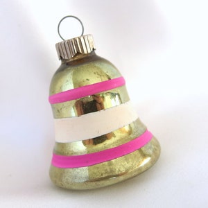 Vintage Shiny Brite Christmas Ornament Small Faded Green Striped Bell Ornament image 1