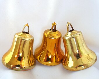 Vintage Plastic Christmas Ornaments, 3 Gold Shatterproof Ornaments