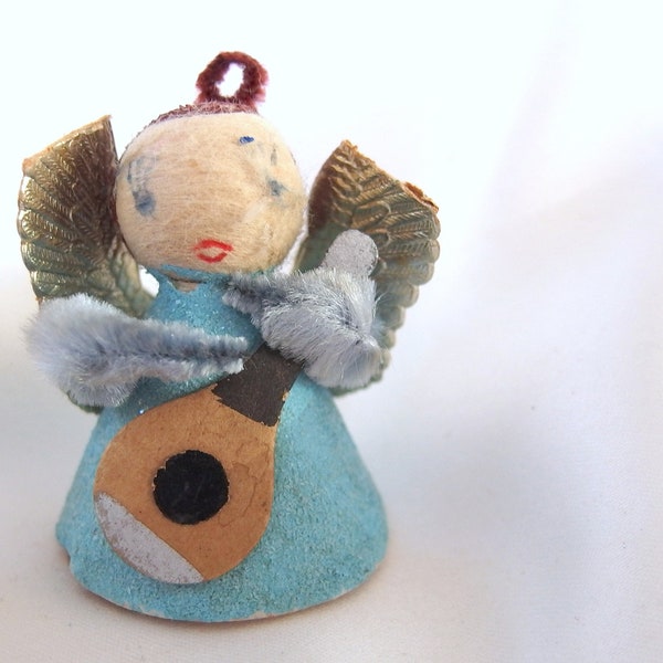 Blue Angel Ornament, Vintage Cone Angel with Lute, Spun Cotton Head, Pipe Cleaner, Chenille