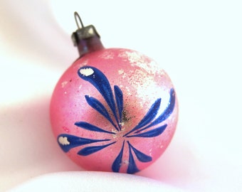 Small Hot Pink Ornament with Blue Flower Design, Vintage Poland Glass Christmas Bauble