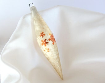 Vintage White Frosted Torpedo Icicle Ornament with Gold Snowflakes - Austria Christmas Ornament 1