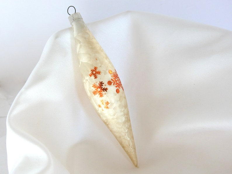 Vintage White Frosted Torpedo Icicle Ornament with Gold Snowflakes Austria Christmas Ornament 1 image 1