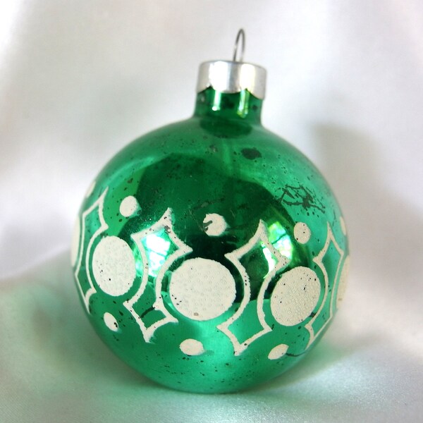 Vintage Christmas Ornament, Green with Holly 1960's Glass Ornament