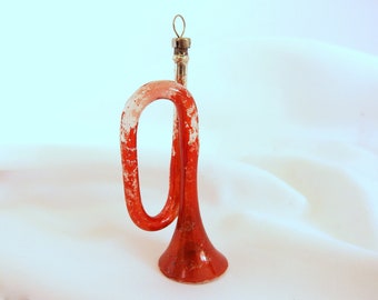 Vintage Czechoslovakia Christmas Ornament, Red Horn / Trumpet / Bugle Ornament