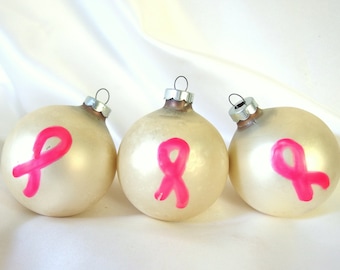 3 Vintage Christmas Holiday Ornaments, Velvet White with Pink Breast Cancer Awareness Ribbon Cottage Chic Ornaments