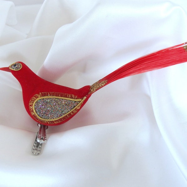 Vintage Christmas Ornament, Red Bird with Multi Glitter Ornament with Clip