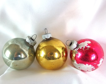 3 Small Vintage Shiny Brite Christmas Ornaments - Plain Red, Green and Gold