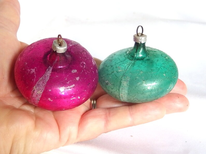 Green and Magenta Holiday Disc Ornaments from West Germany 2 Vintage UFO Christmas Ornaments